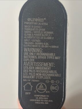 Eureka Black Replacement Power Adapter for Rechargeable Devices